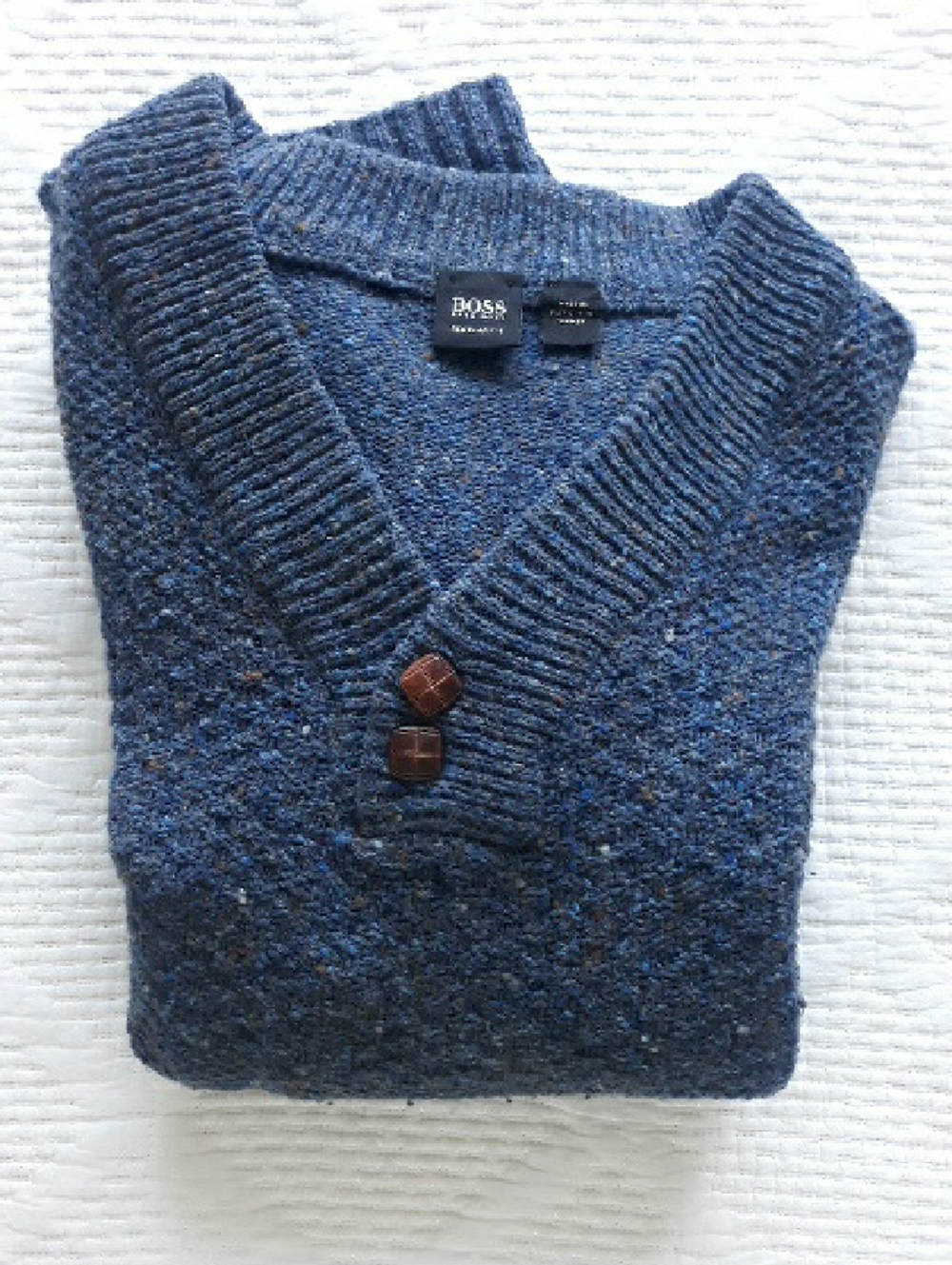 BOSS Men's Wool Navy Blue V-Neck Shawl Sweater